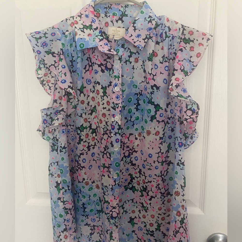 Kate Spade Daisy Garden Ruffle Cap Sleeve Button Front Top EUC
